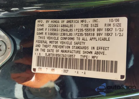2007 Acura Rdx z USA, uszkodzony, nr VIN 5J8TB18567A010857